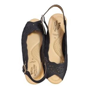 ITALY Spring Step Orella Black Scalloped Leather Wedge 36